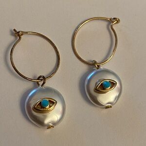 Evil Eye Gold Tone Pearl Dangle Earrings